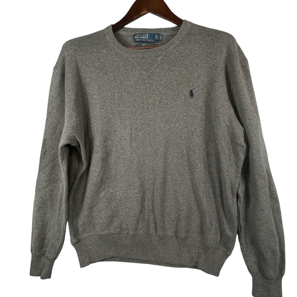 Polo Ralph Lauren Mens L Gray Crewneck Sweater Navy Pony 100% Cotton Long Sleeve